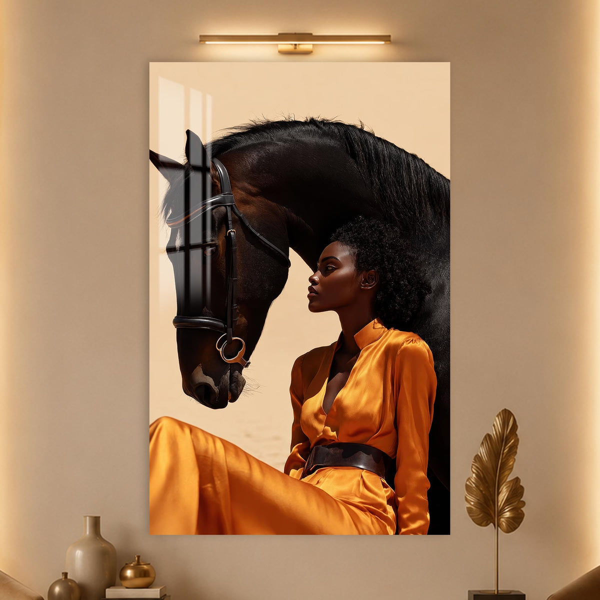 Woman Beside Black Horse in a modern room