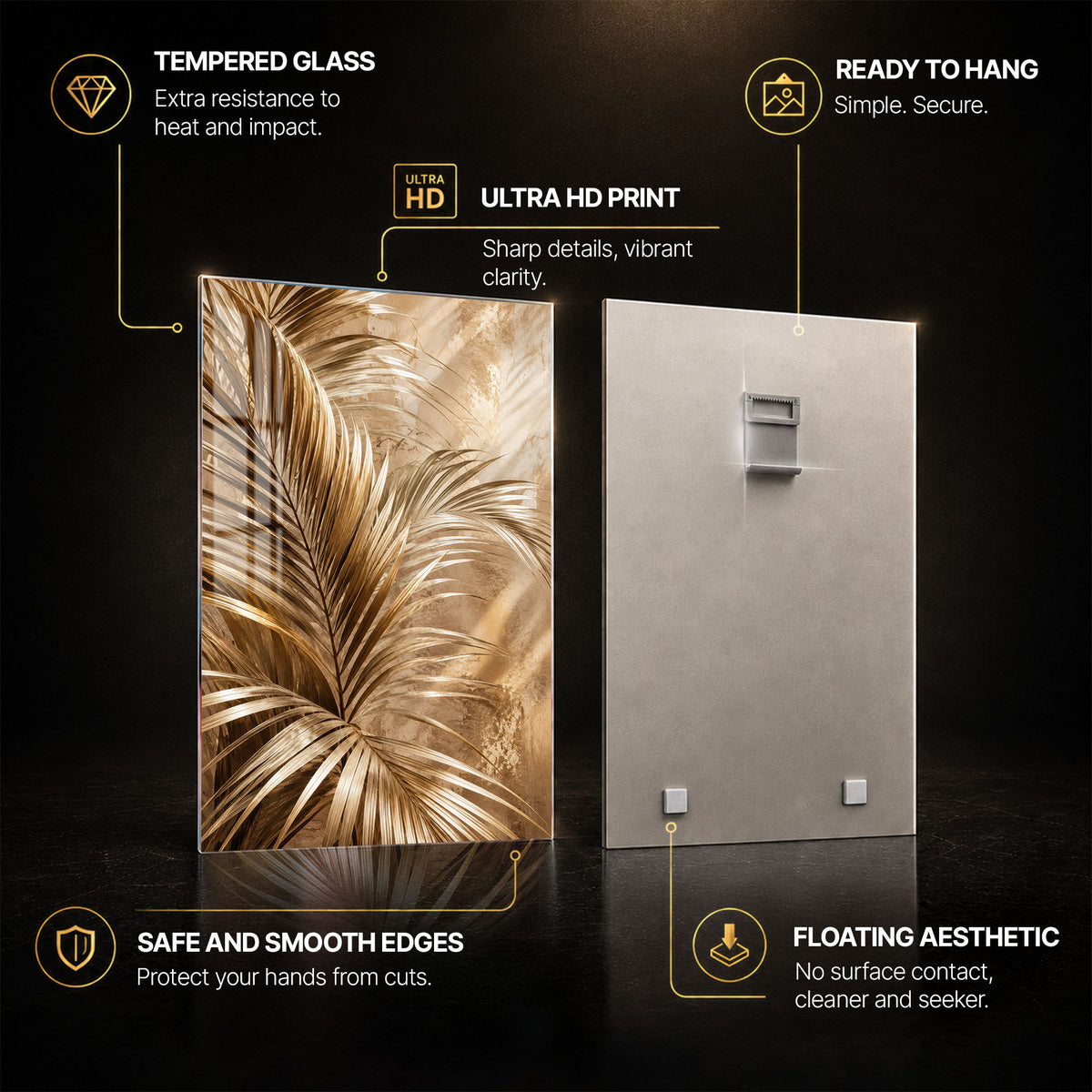 Golden Coastal Escape — tempered glass, ultra HD print, ready to hang