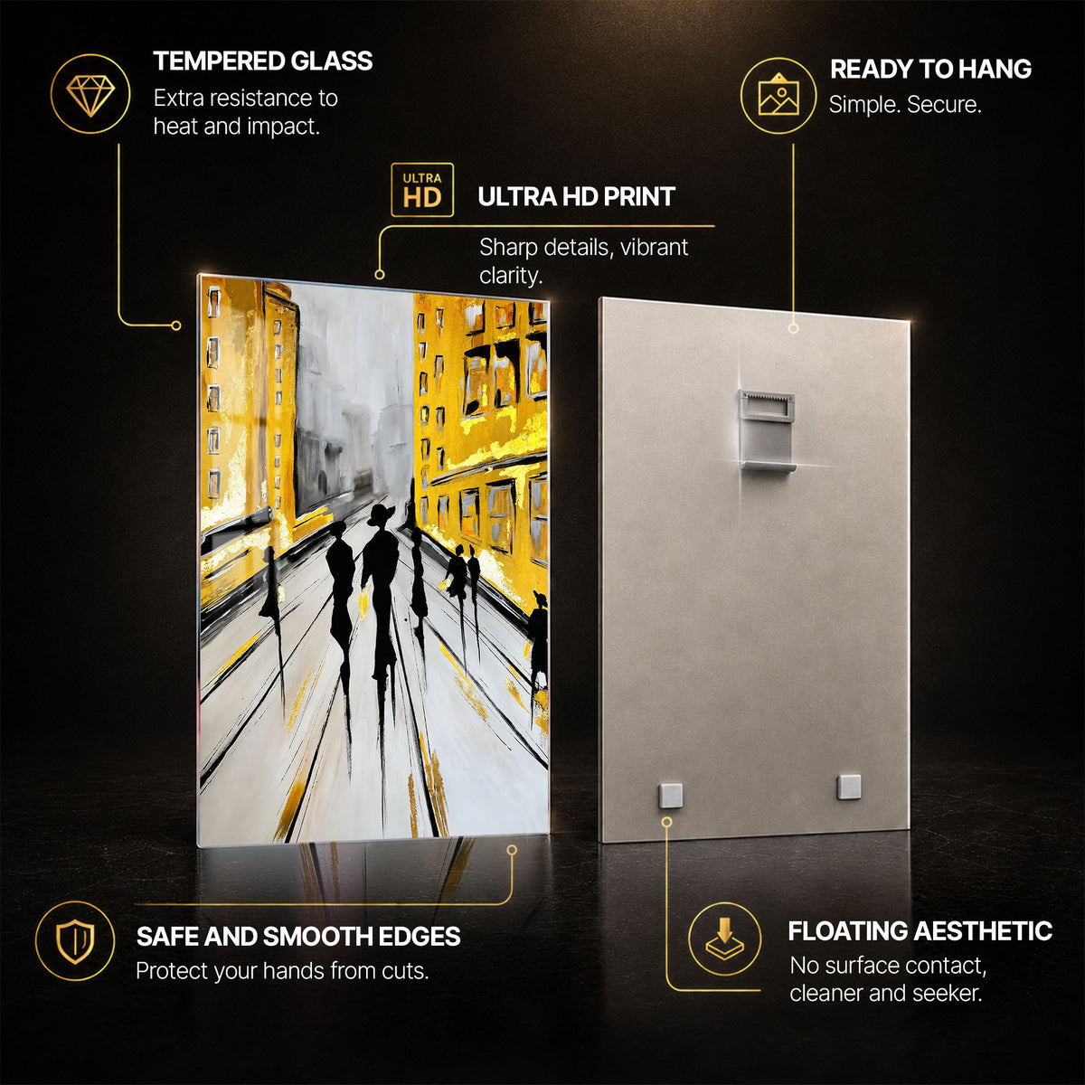 Golden City Walk — tempered glass, ultra HD print, ready to hang