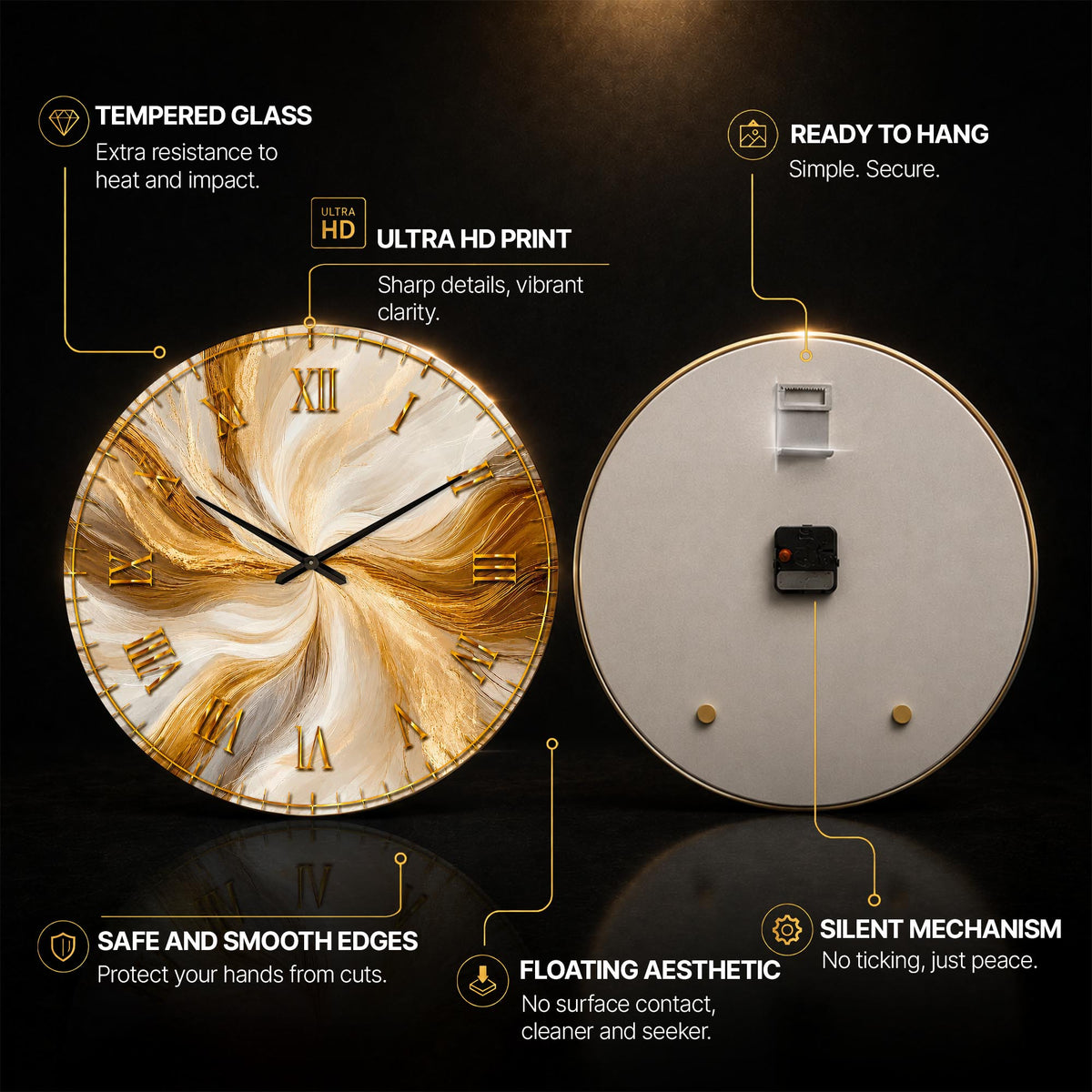 Golden Marble Swirl — tempered glass, ultra HD print, ready to hang