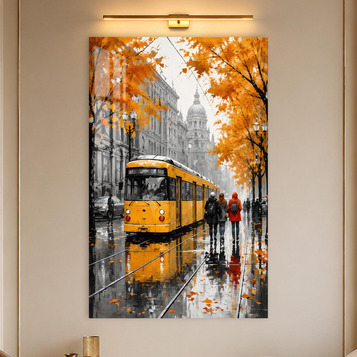 Yellow Tram in Rain in a modern room