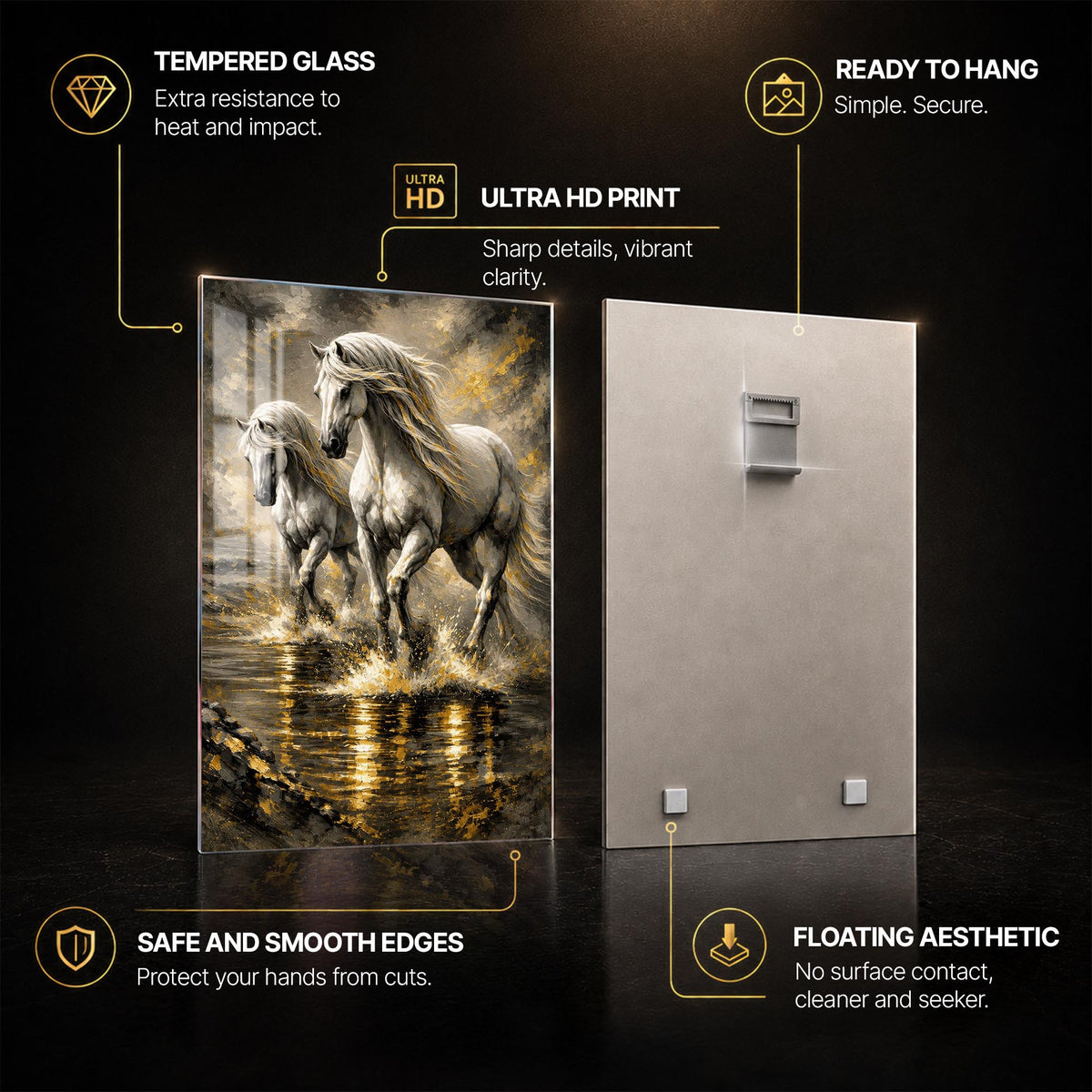 Galloping White Horses — tempered glass, ultra HD print, ready to hang
