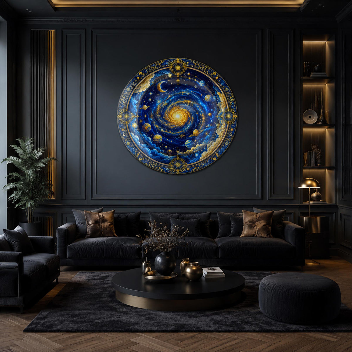 Celestial Golden Galaxy — tempered glass, ultra HD print, ready to hang