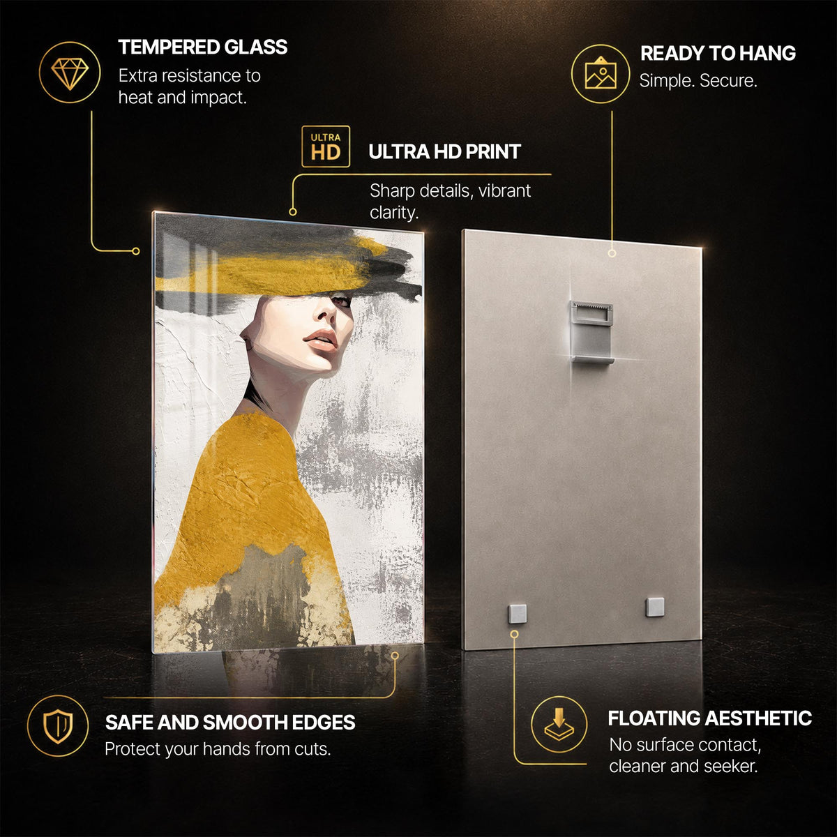Woman In Ochre — tempered glass, ultra HD print, ready to hang