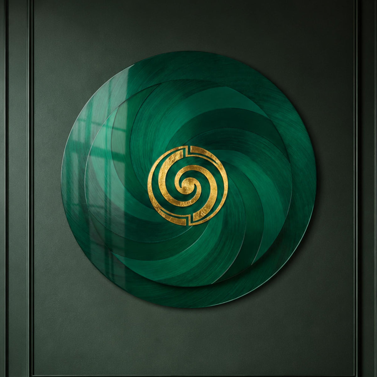 Emerald Spiral — tempered glass, ultra HD print, ready to hang