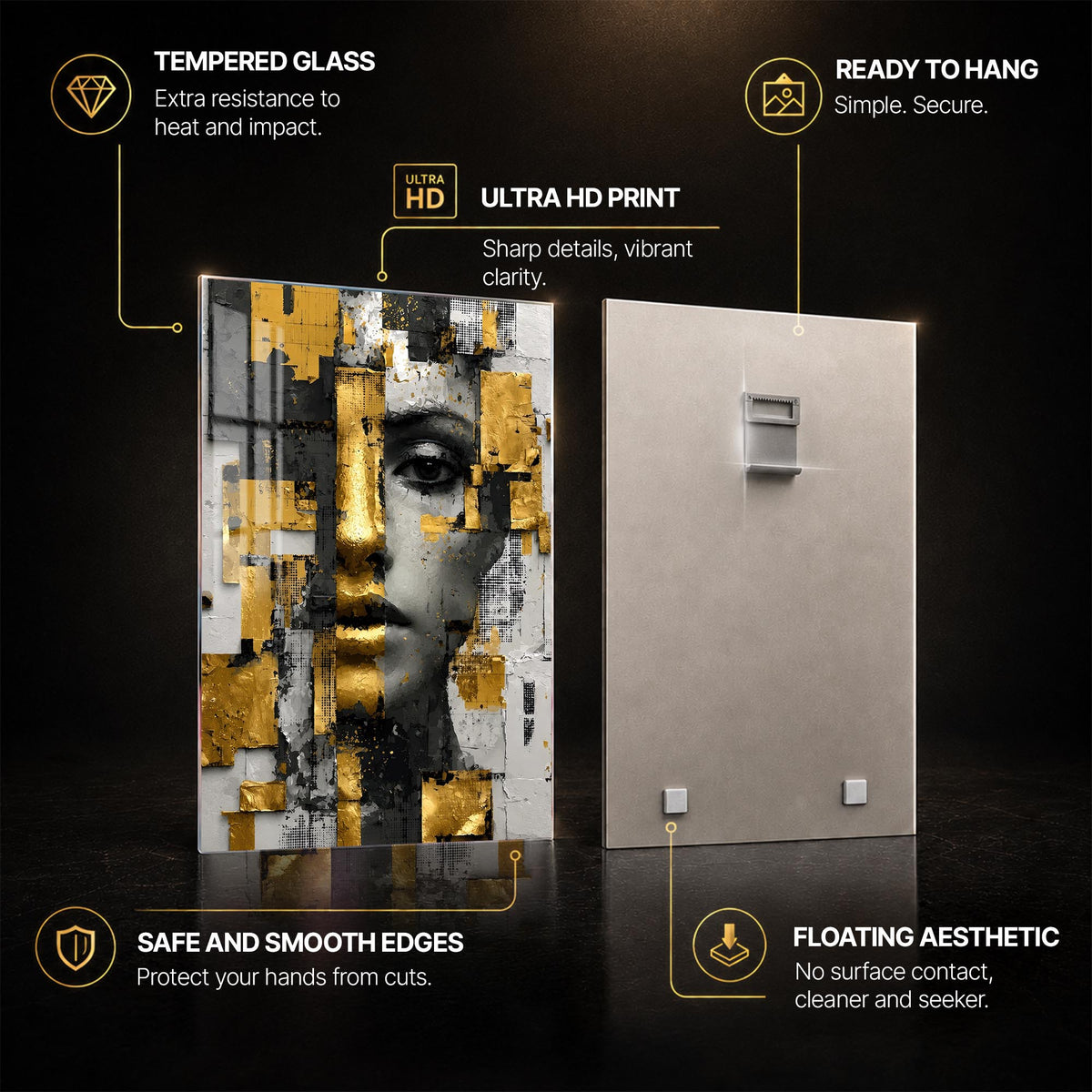 Fragmented Golden Woman — tempered glass, ultra HD print, ready to hang