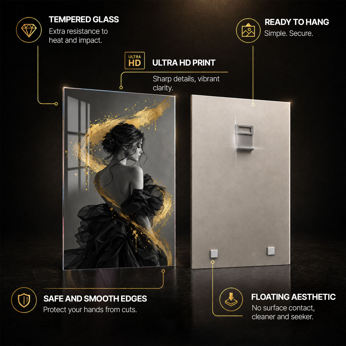 Golden Grace — tempered glass, ultra HD print, ready to hang