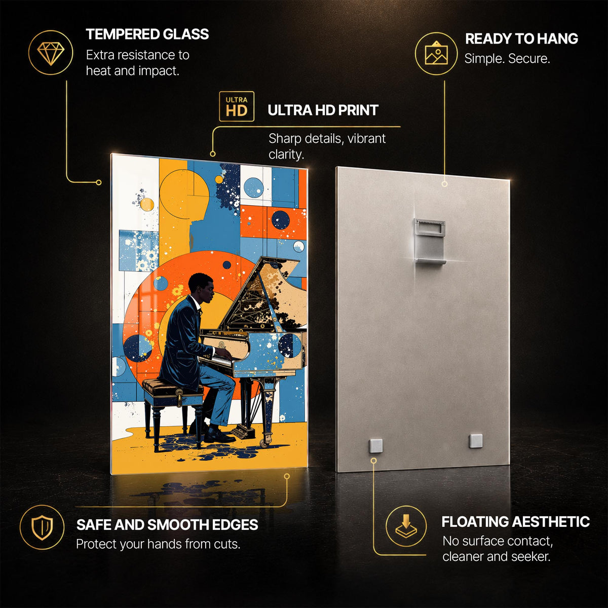 Modern Jazz Pianist — tempered glass, ultra HD print, ready to hang