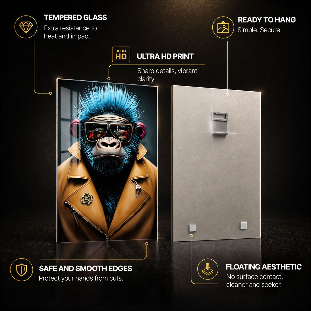Cyber Gorilla — tempered glass, ultra HD print, ready to hang