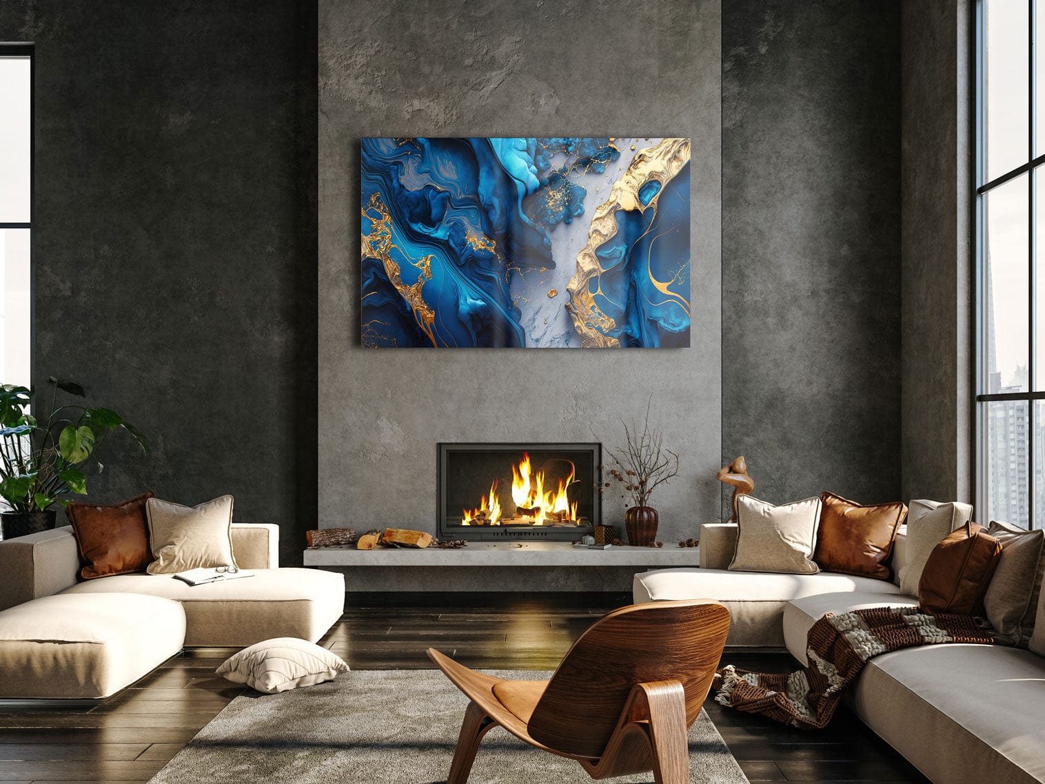 Artronauts Glass Print Blue & Golden Lava Abstract