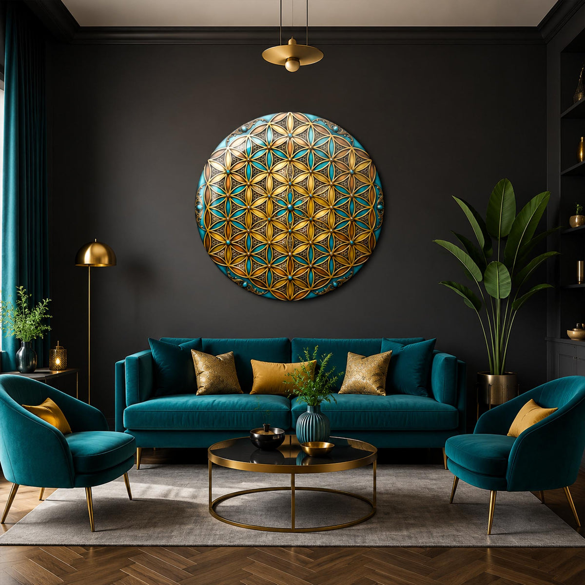 Turquoise Golden Lattice — tempered glass, ultra HD print, ready to hang