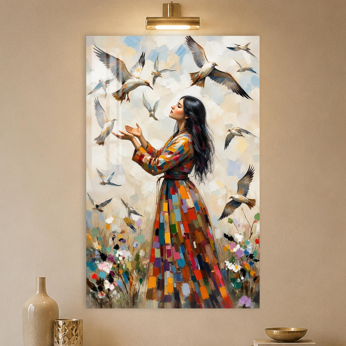 Woman Among Flying Birds in a modern room