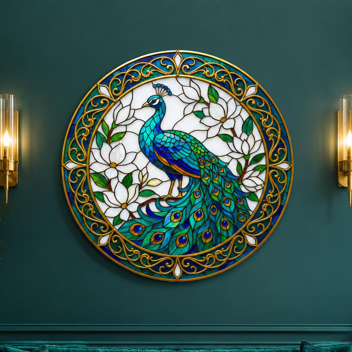 Peacock In Magnolia — tempered glass, ultra HD print, ready to hang