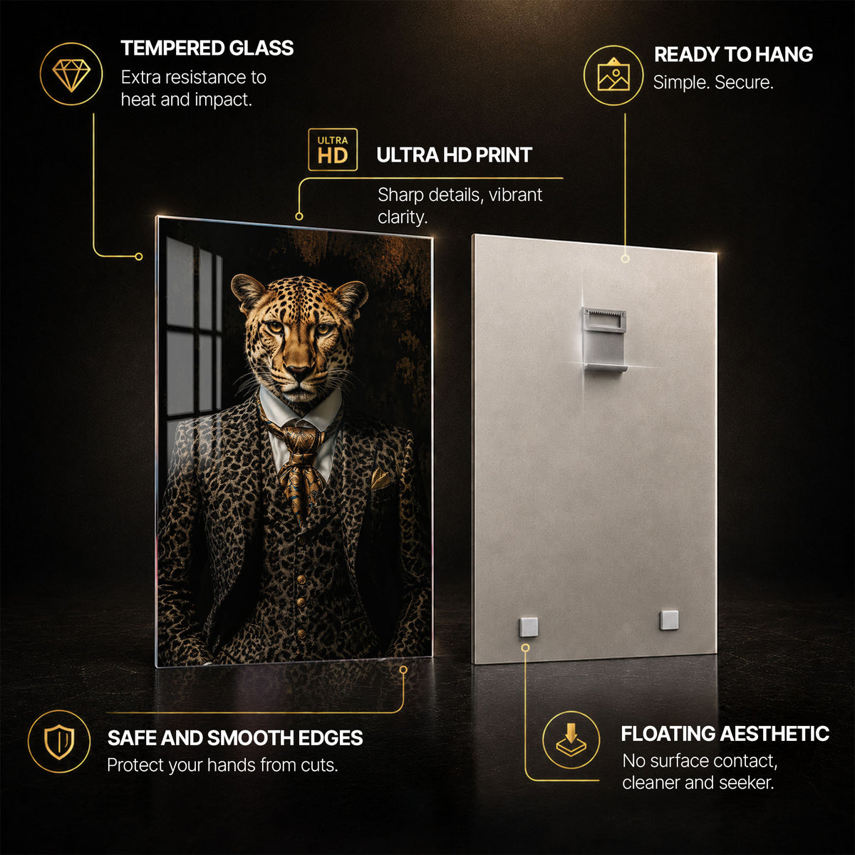 Leopard In Tailored Spots — tempered glass, ultra HD print, ready to hang