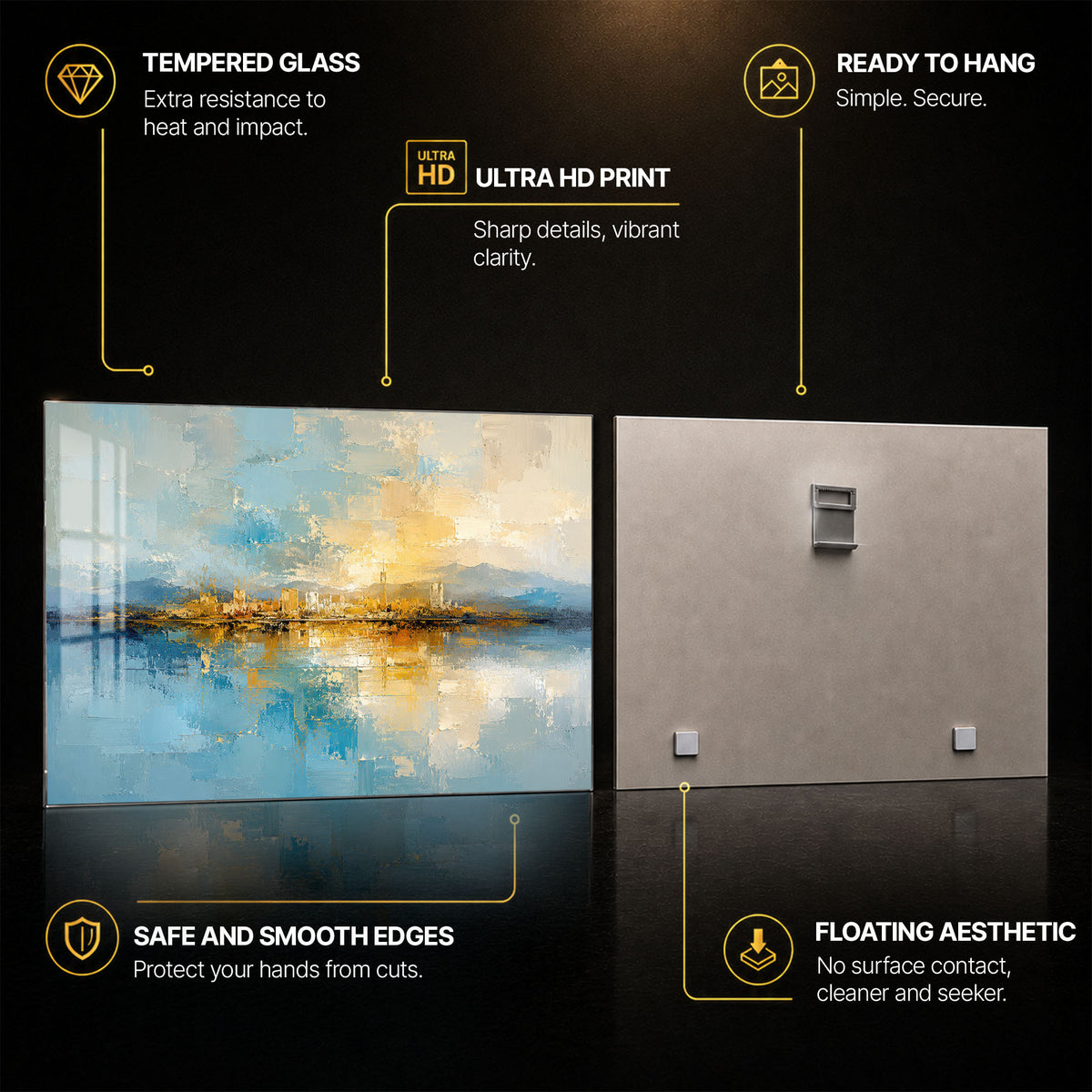 Golden Horizon Reflections — tempered glass, ultra HD print, ready to hang