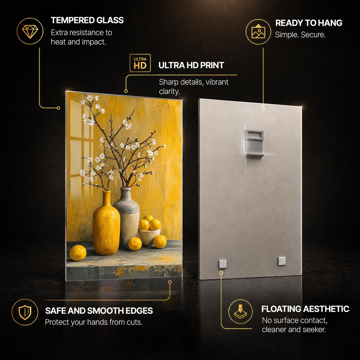 Yellow Blossom Still Life — tempered glass, ultra HD print, ready to hang