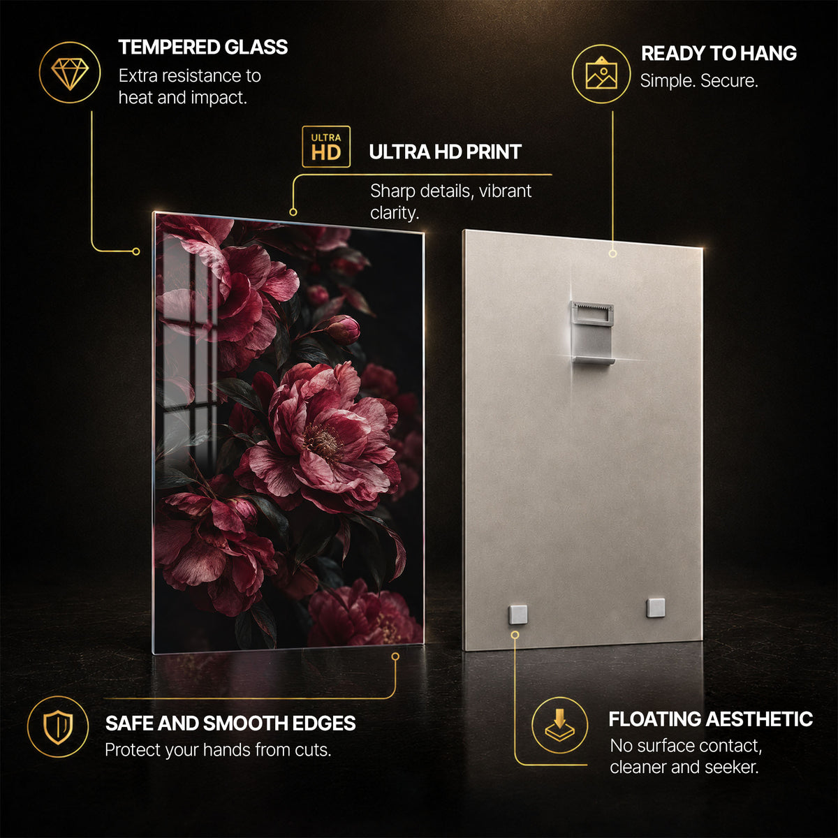 Burgundy Botanical II — tempered glass, ultra HD print, ready to hang