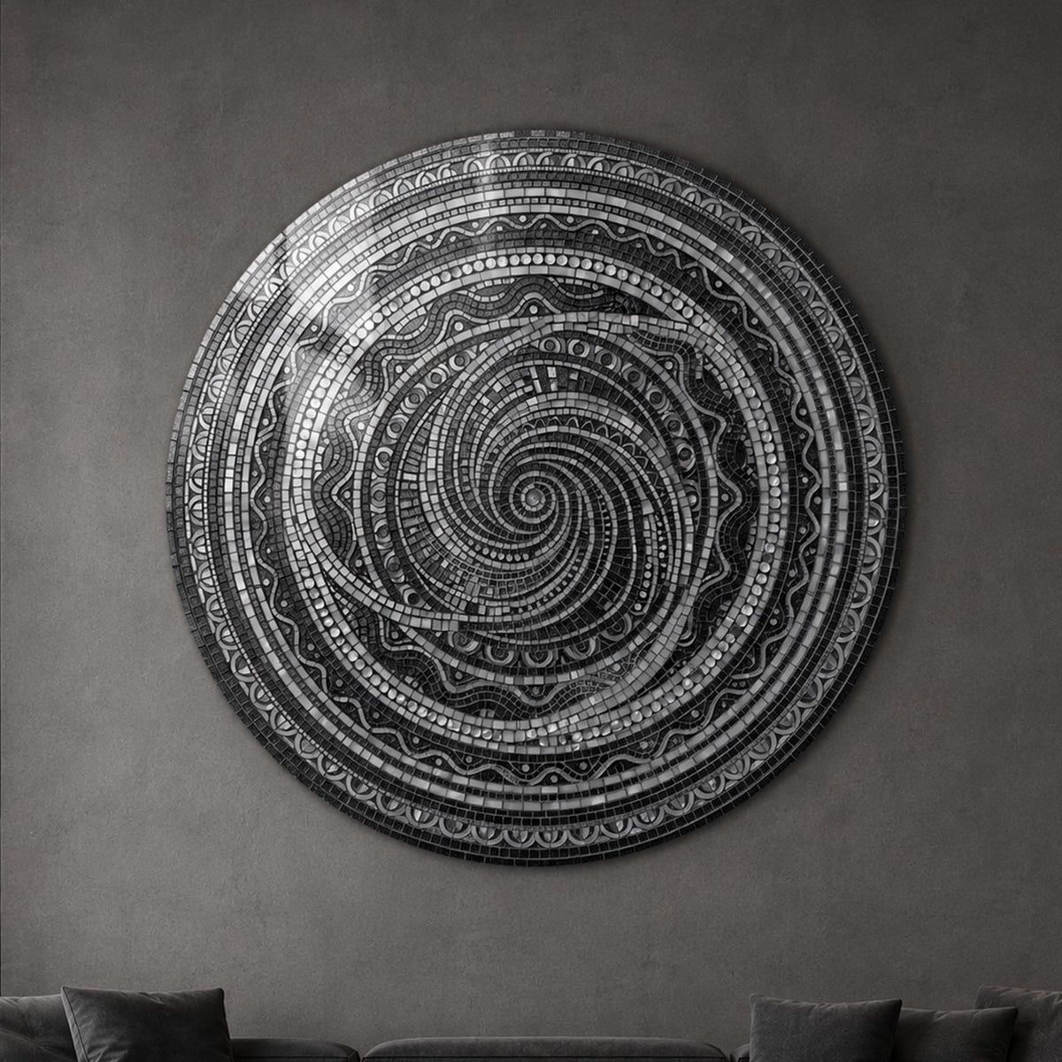 Midnight Mandala Spiral — tempered glass, ultra HD print, ready to hang