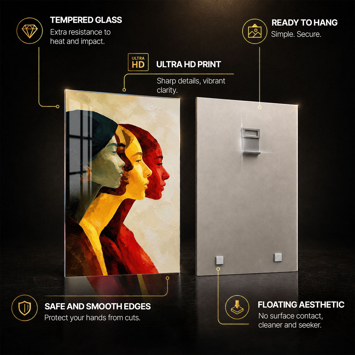 Three Faces — tempered glass, ultra HD print, ready to hang