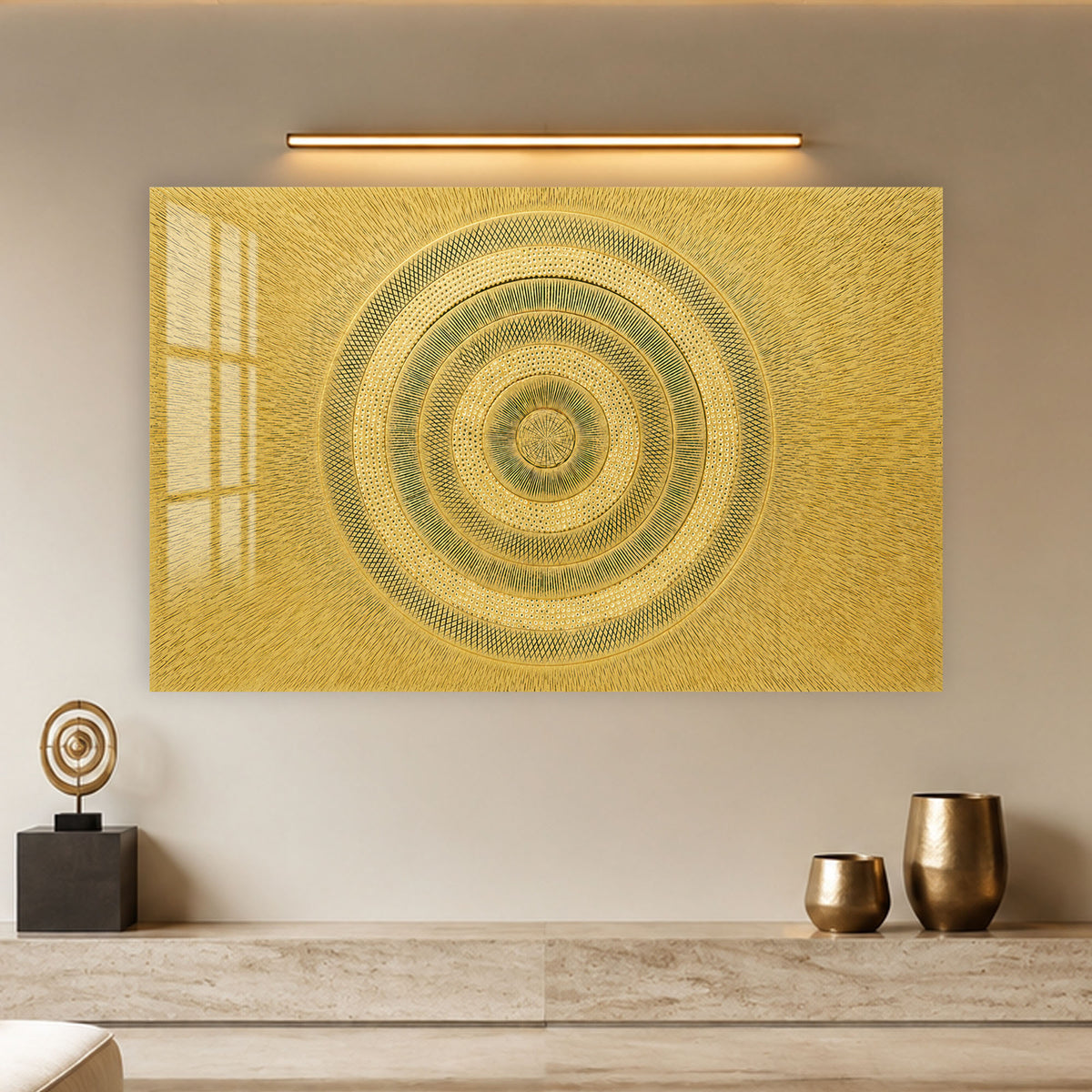 Golden Concentric Sunburst in a modern room
