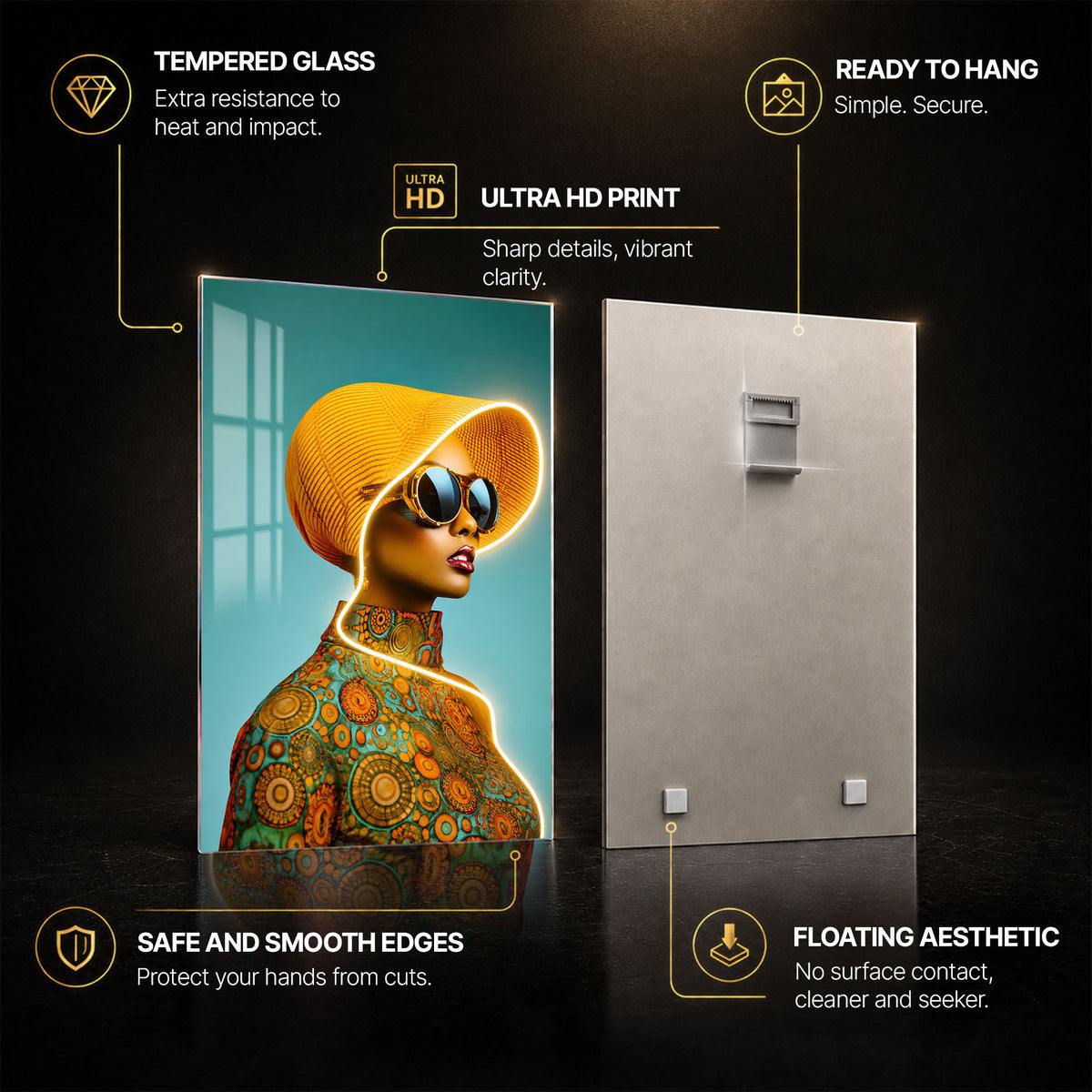 Golden Neon Voyager — tempered glass, ultra HD print, ready to hang