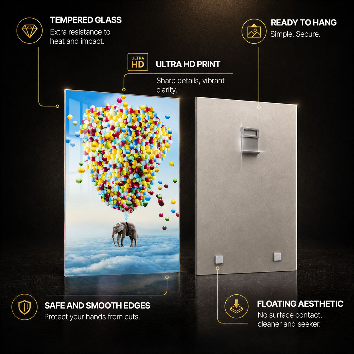 Elephant Balloon Adventure — tempered glass, ultra HD print, ready to hang