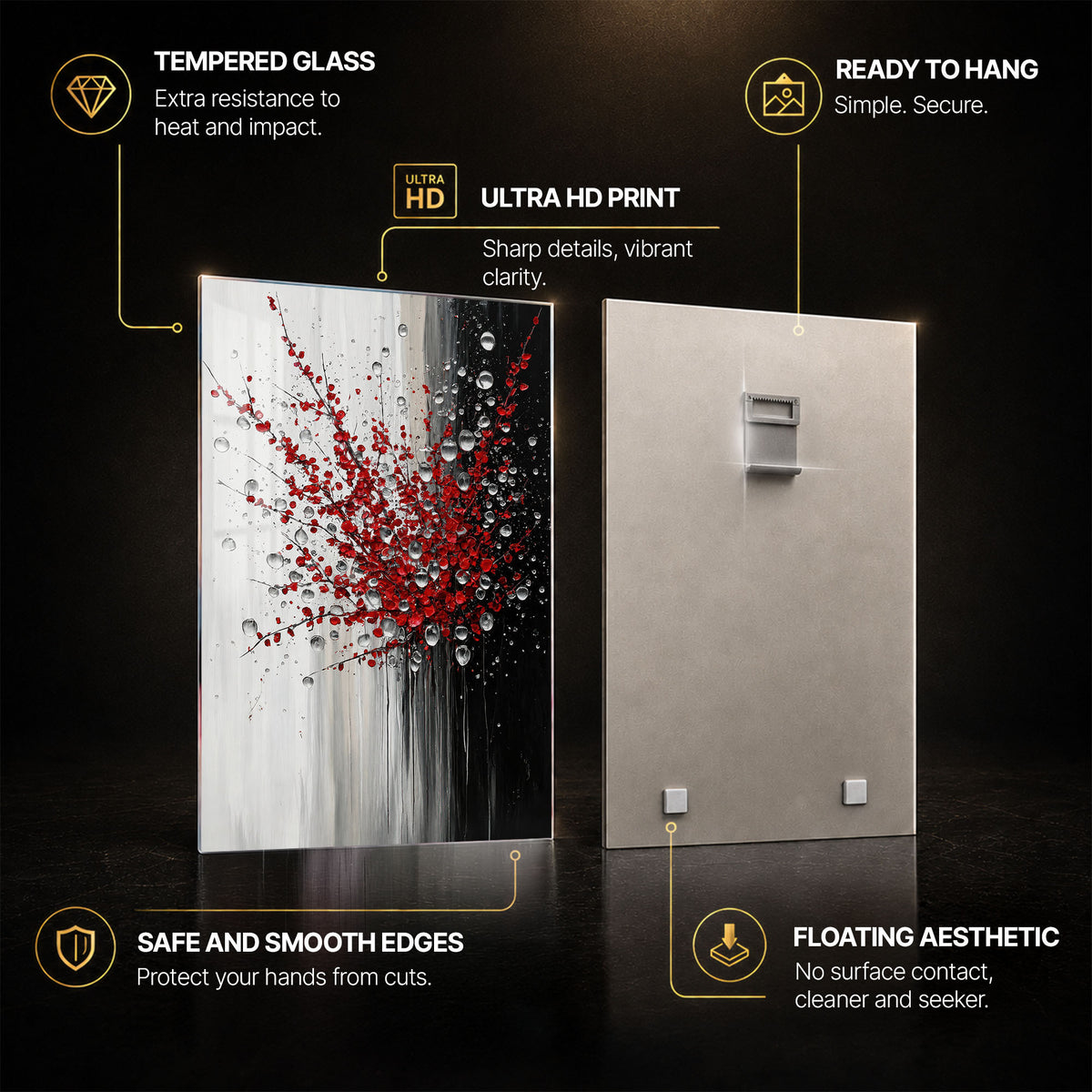 Crimson Rain Blossom — tempered glass, ultra HD print, ready to hang