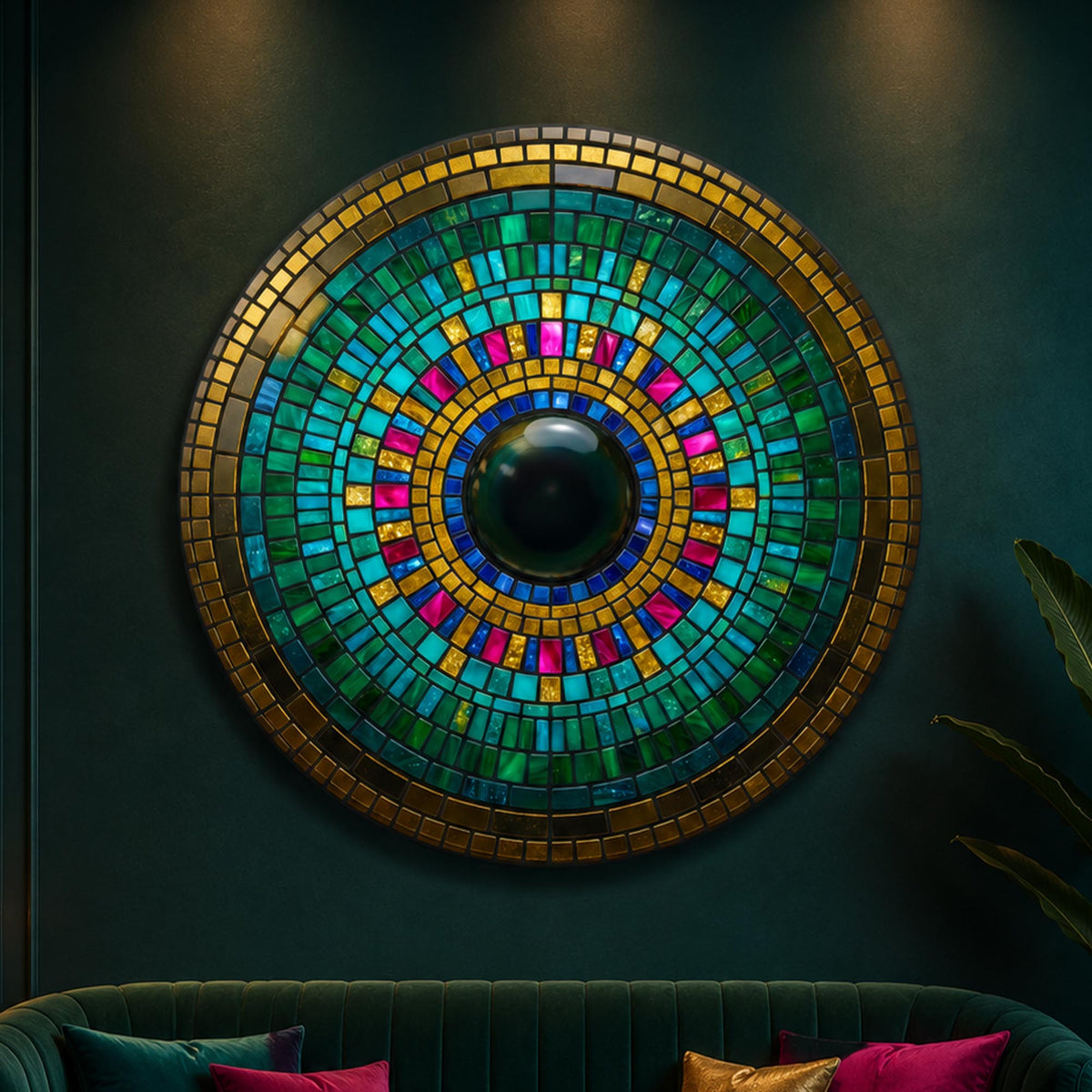Emerald Mosaic Halo — tempered glass, ultra HD print, ready to hang