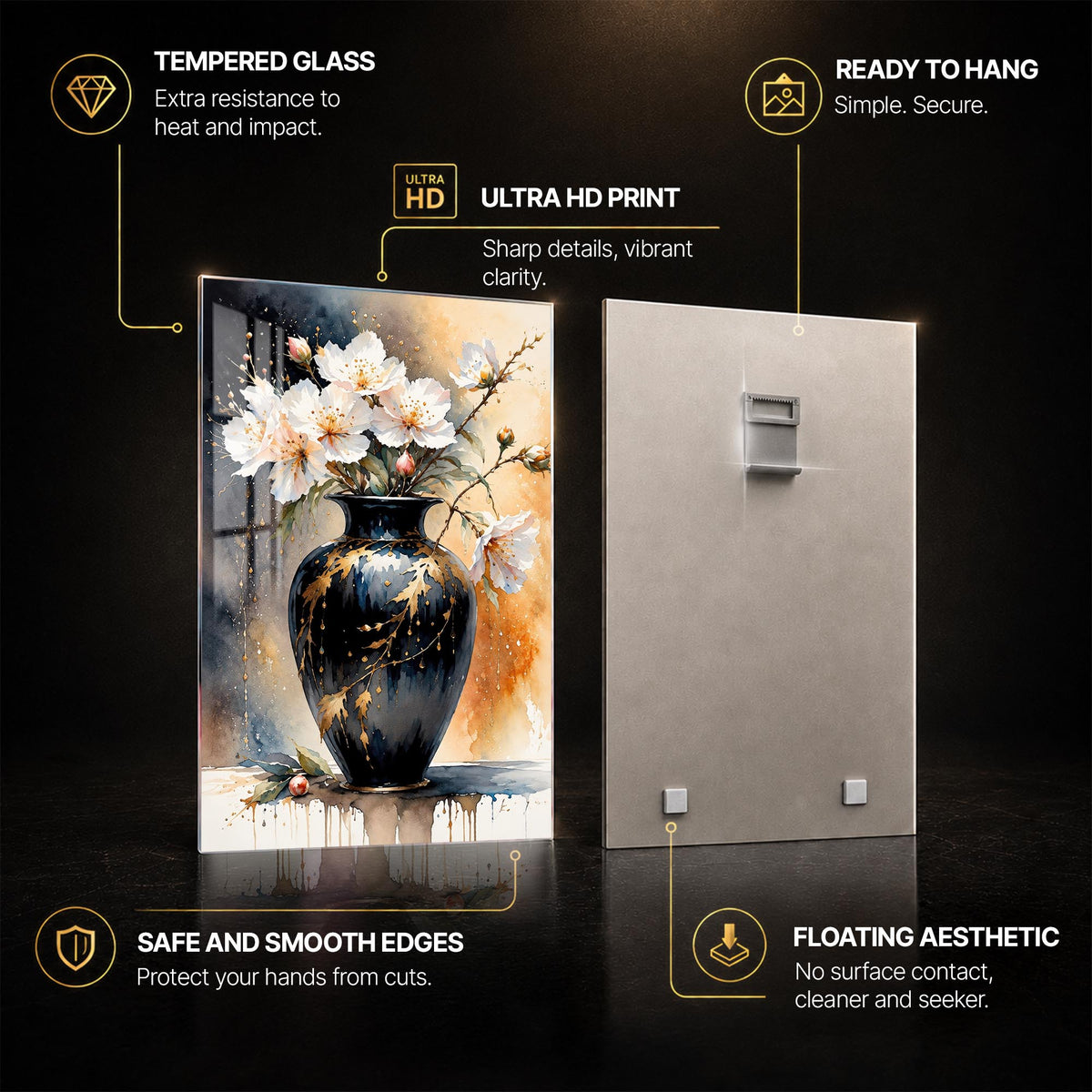 Blossoms in Black Vase — tempered glass, ultra HD print, ready to hang