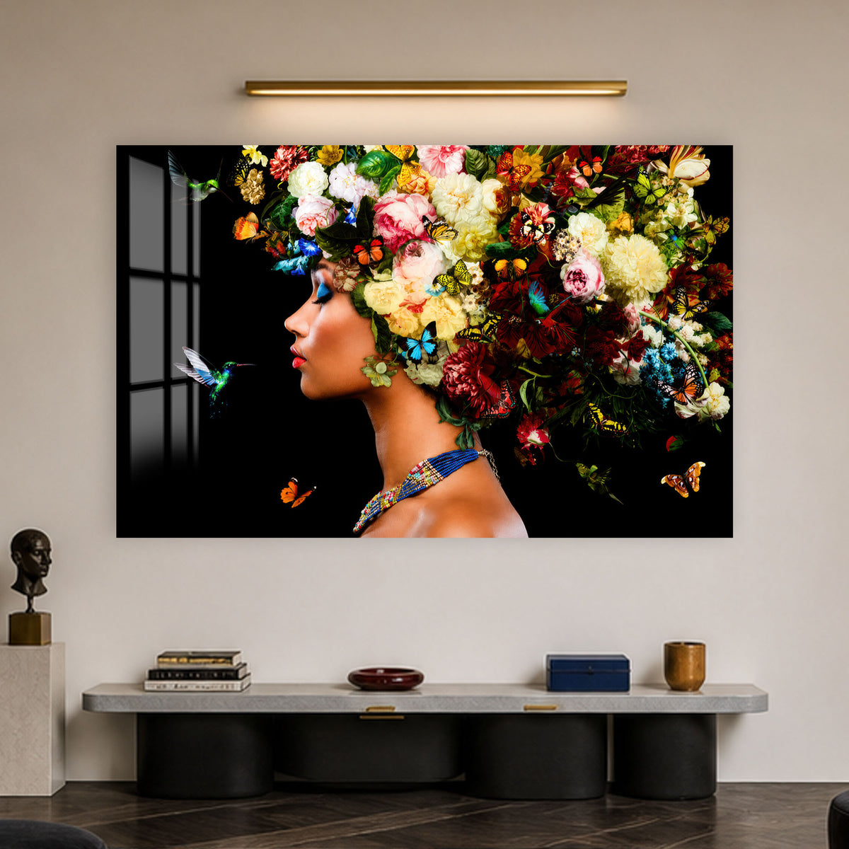 Artronauts Glass Print Floral Butterfly Woman Glass Wall Art