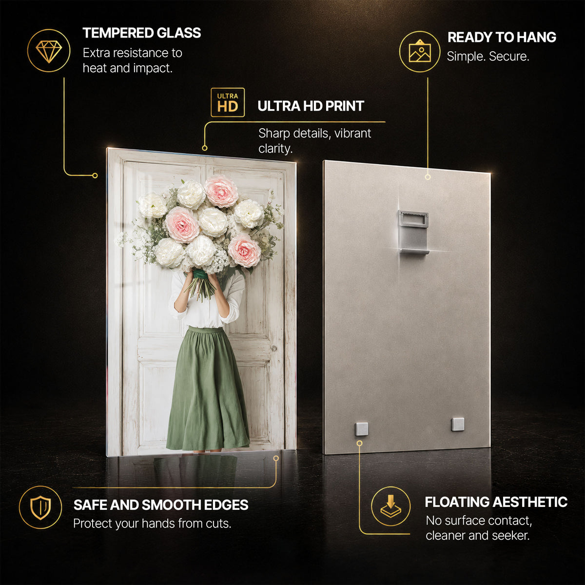 Hidden By Peonies — tempered glass, ultra HD print, ready to hang