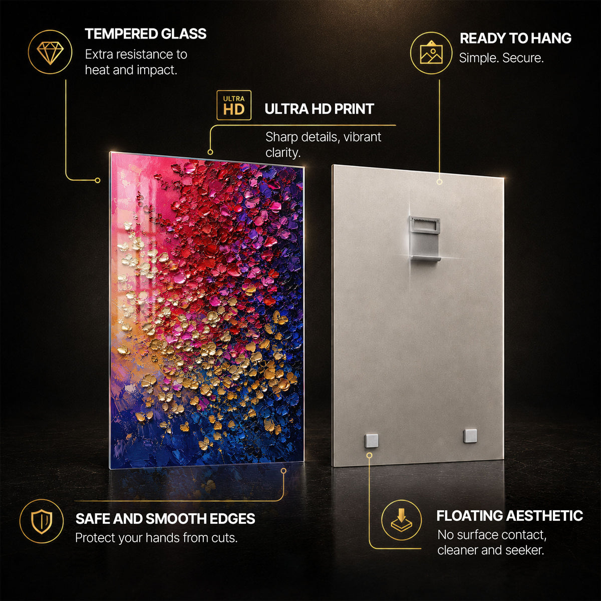 Chromatic Petal Cascade — tempered glass, ultra HD print, ready to hang