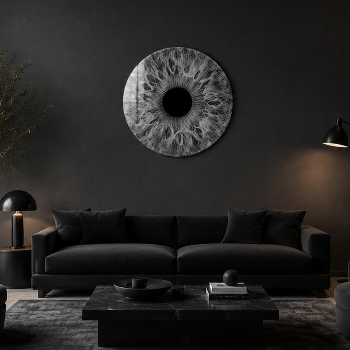 Monochrome Iris — tempered glass, ultra HD print, ready to hang