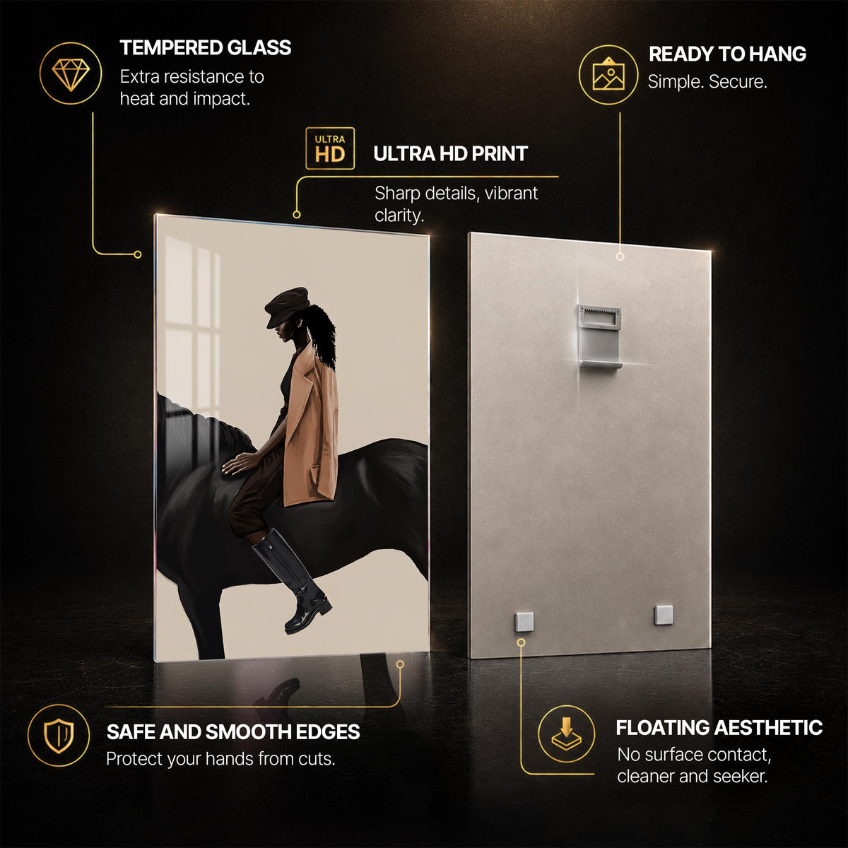 Midnight Equestrian — tempered glass, ultra HD print, ready to hang