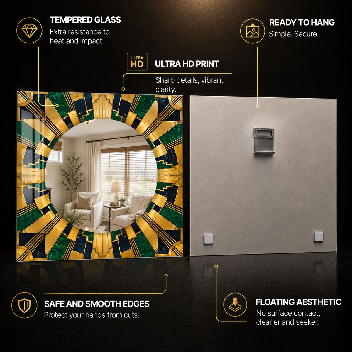 Emerald Deco Radiance — tempered glass, ultra HD print, ready to hang