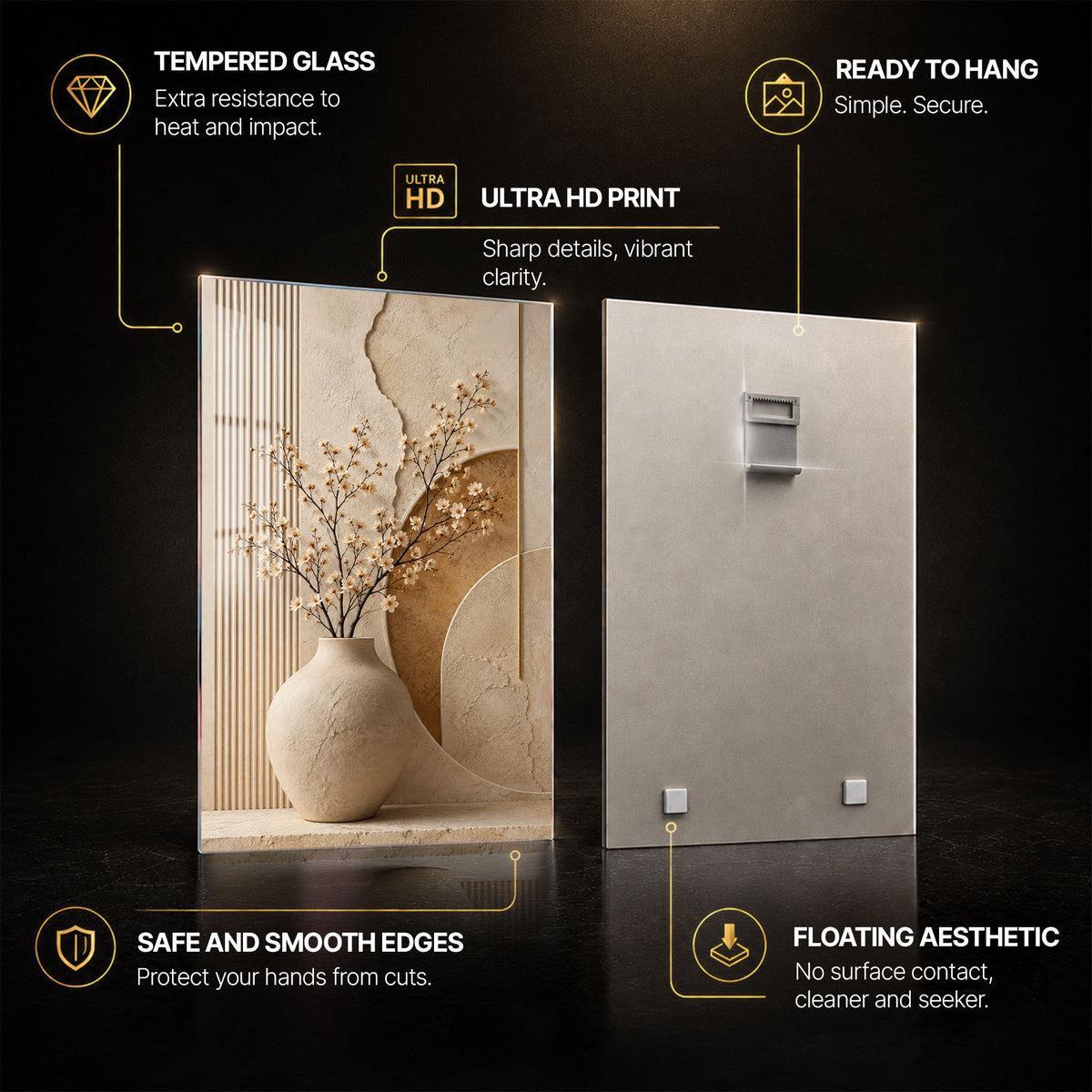 Golden Serenity — tempered glass, ultra HD print, ready to hang