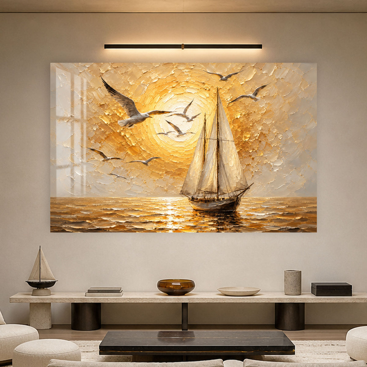 Golden Sunset Voyage in a modern room