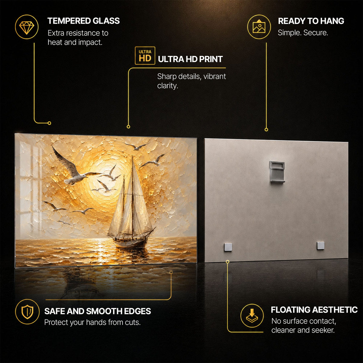 Golden Sunset Voyage — tempered glass, ultra HD print, ready to hang
