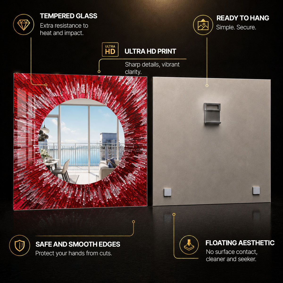 Crimson Radiance — tempered glass, ultra HD print, ready to hang