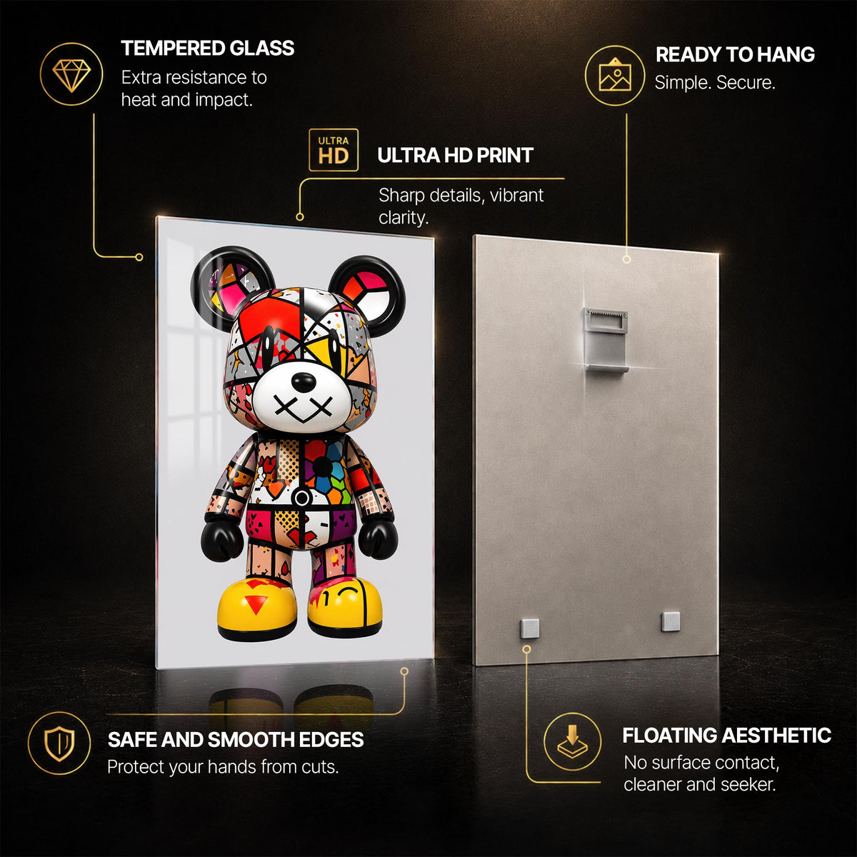 Pop Art Toy Bear — tempered glass, ultra HD print, ready to hang