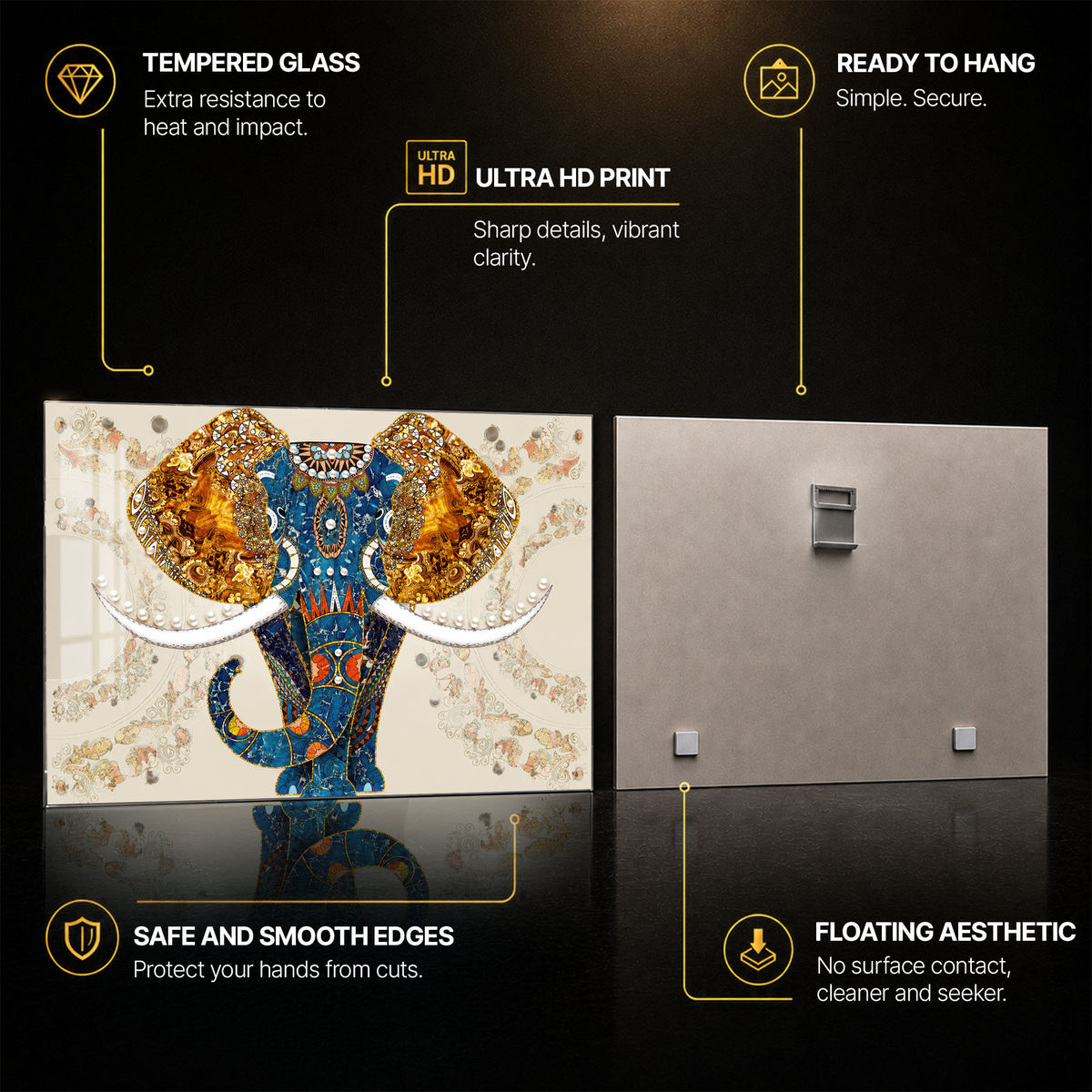 Mosaic Elephant Portrait — tempered glass, ultra HD print, ready to hang