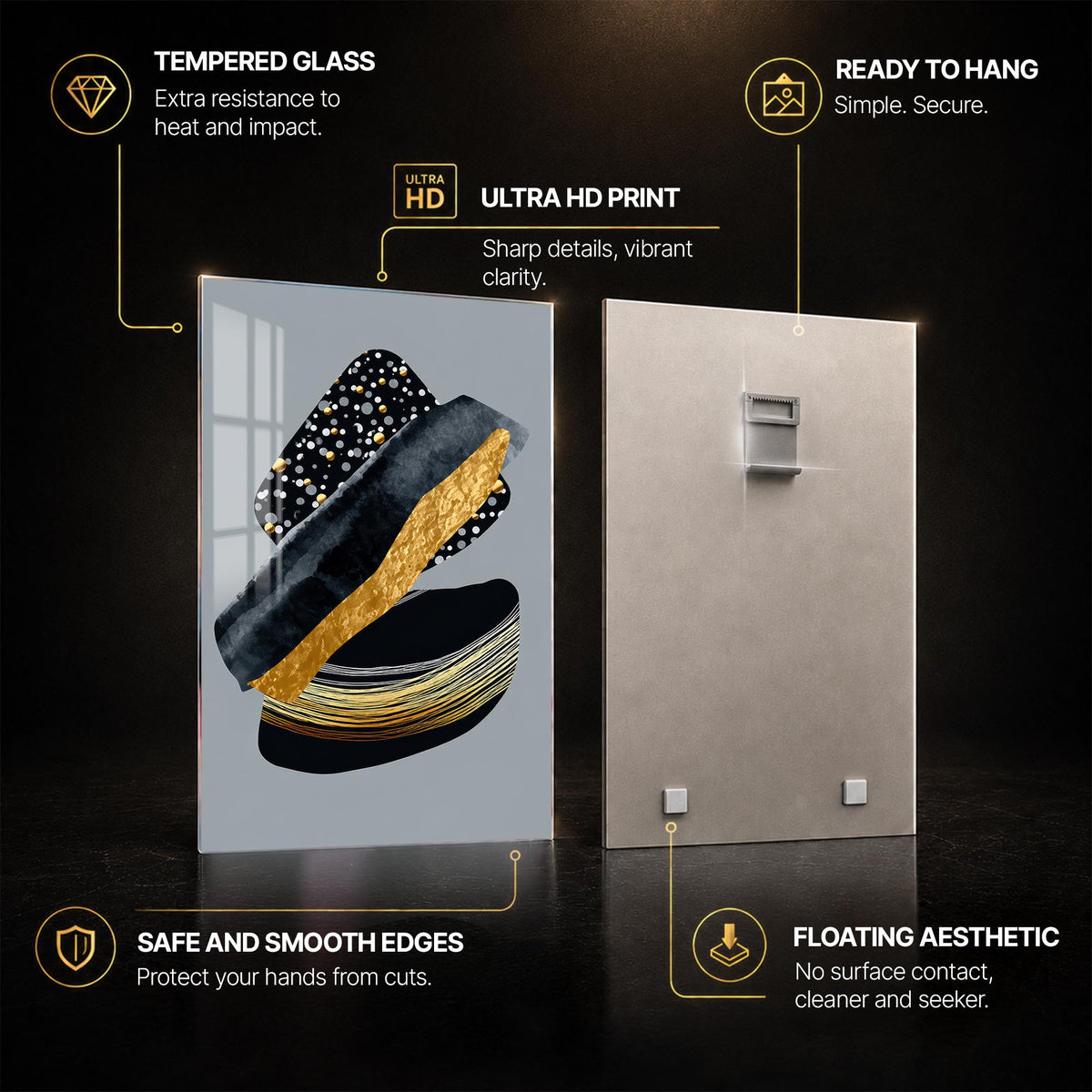 Golden Layered Forms — tempered glass, ultra HD print, ready to hang