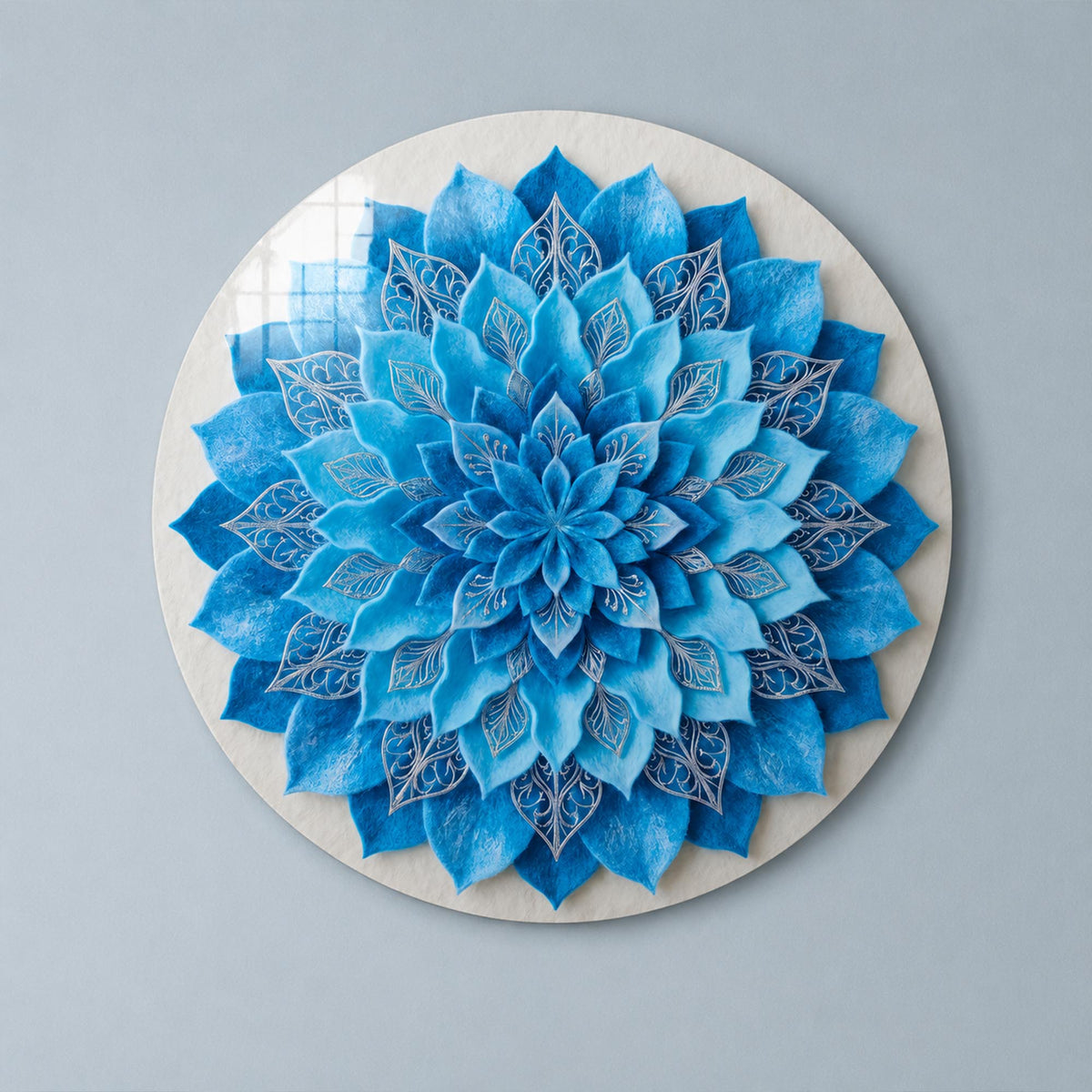 Azure Mandala Bloom — tempered glass, ultra HD print, ready to hang