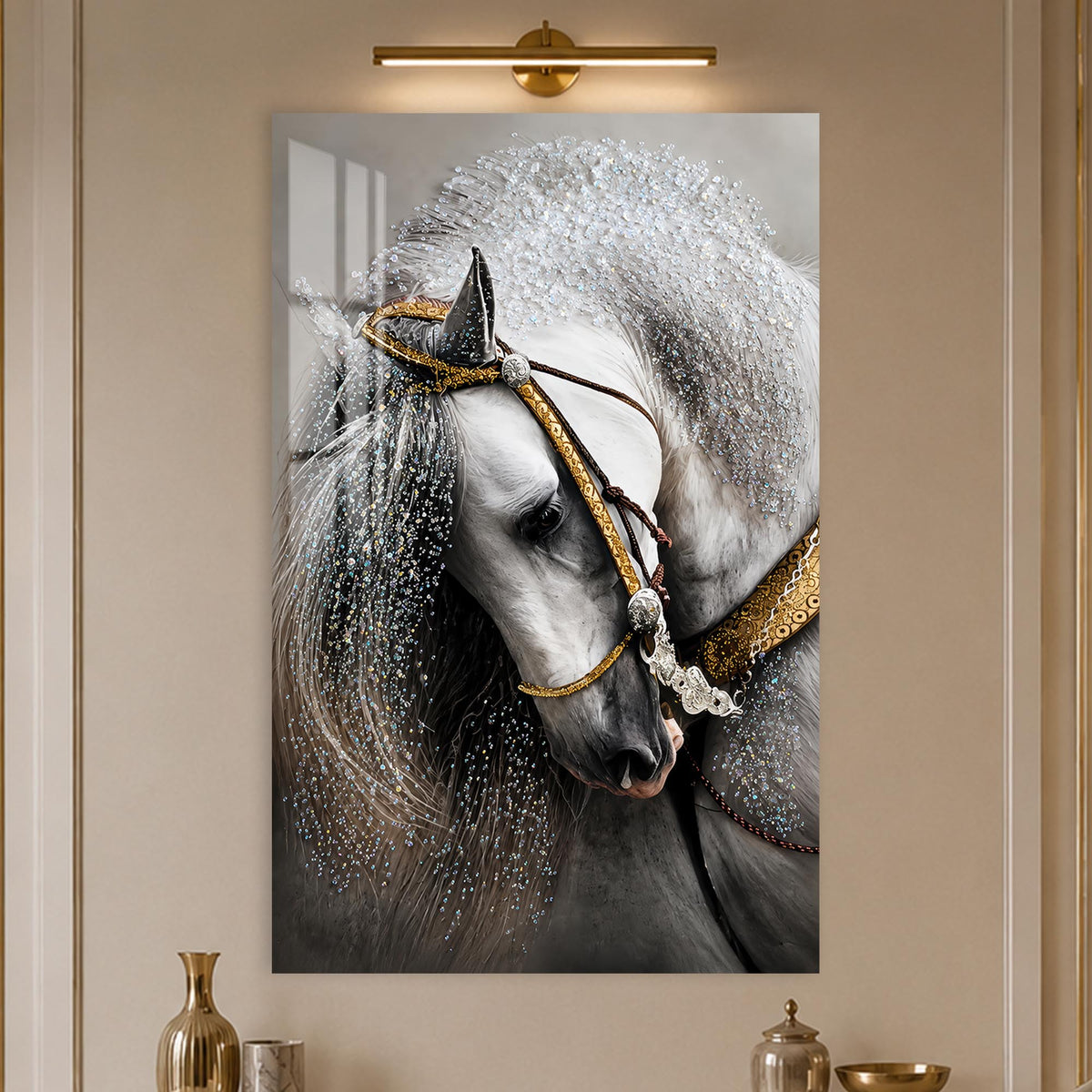 Jeweled White Horse in a modern room