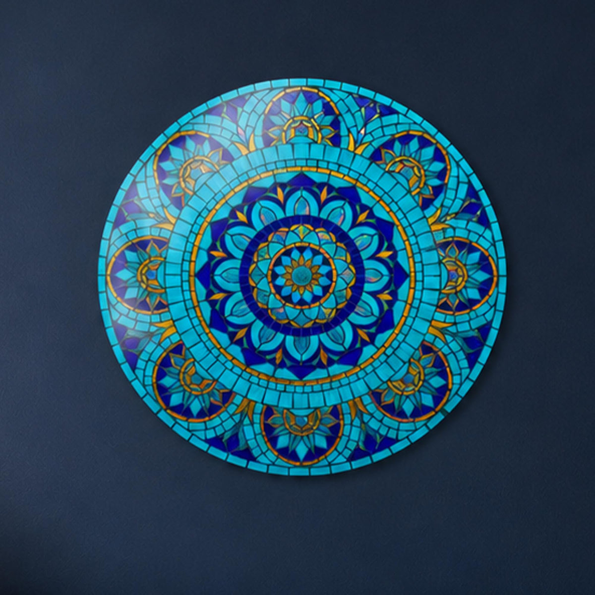 Turquoise Mosaic Mandala III — tempered glass, ultra HD print, ready to hang