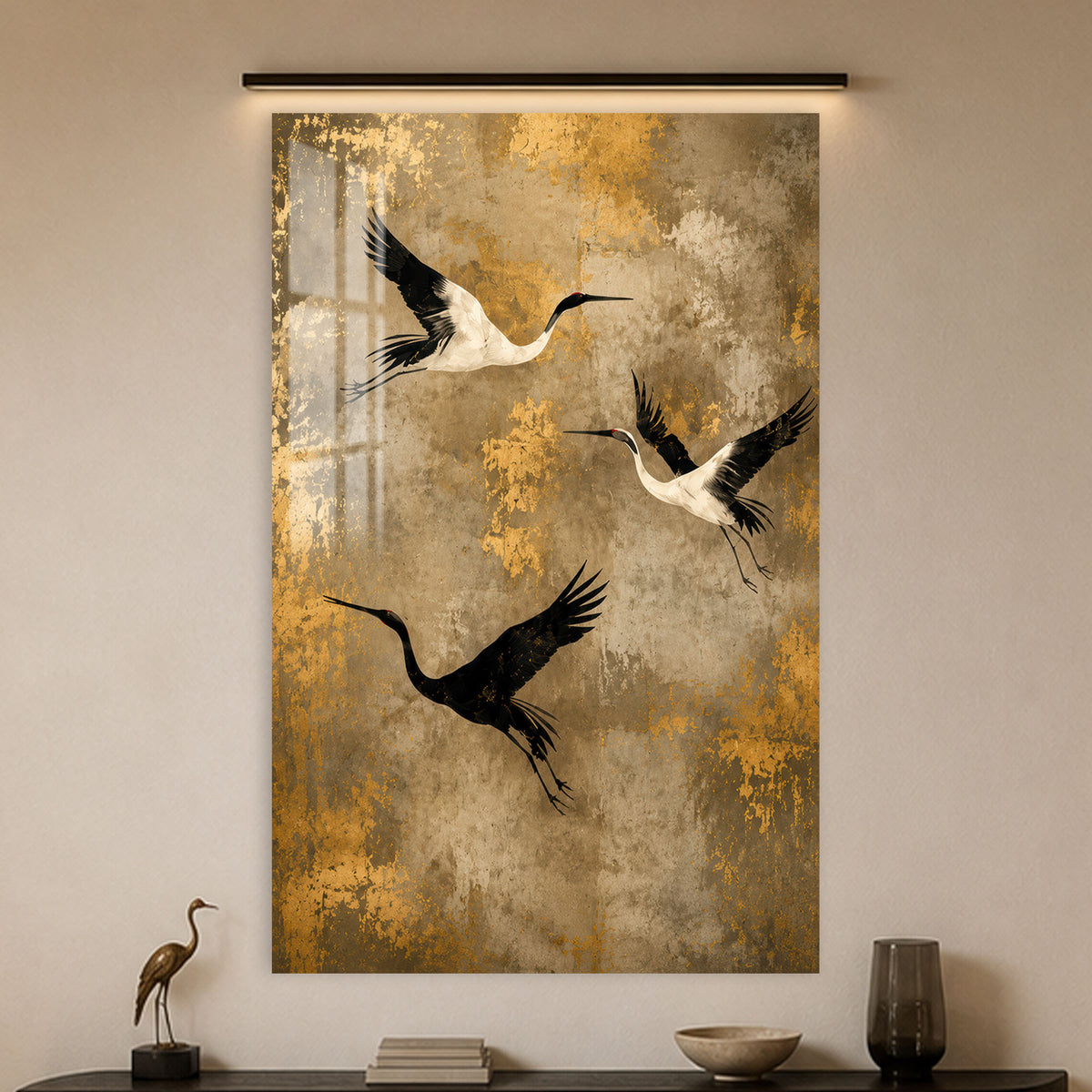 Golden Crane Flight in a modern room