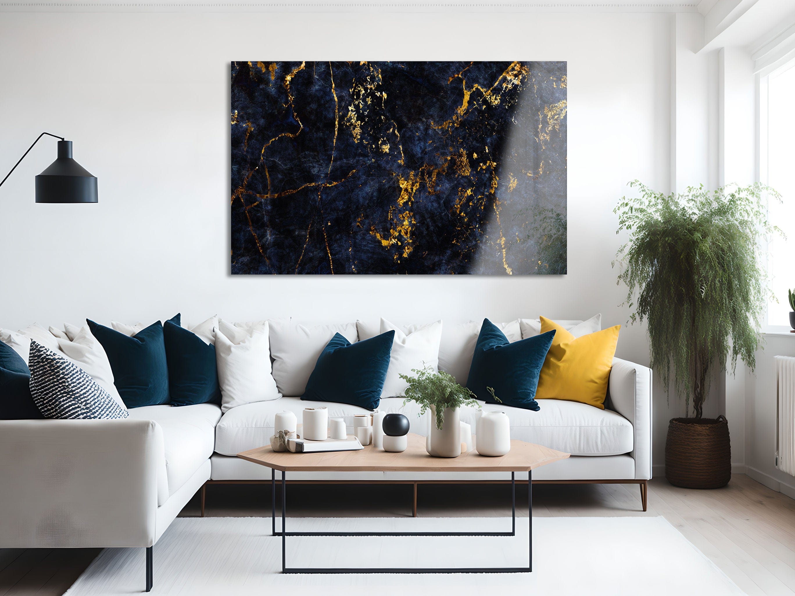 Artronauts Glass Print Golden & Navy Abstract