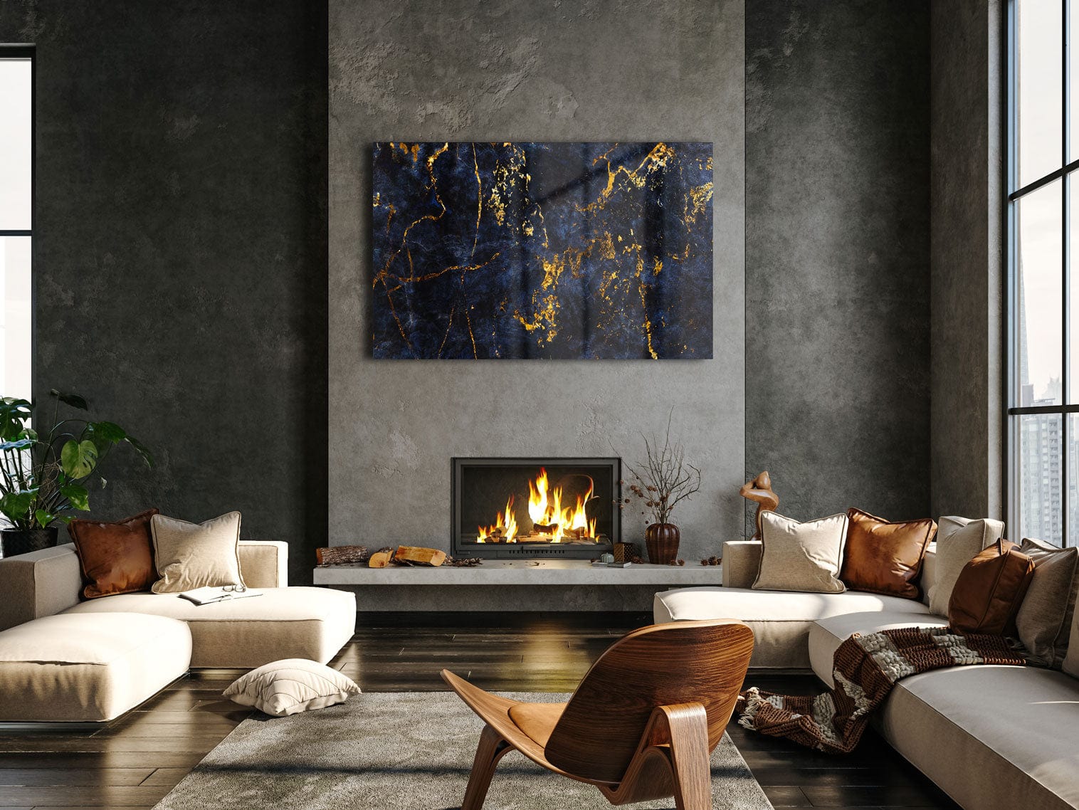 Artronauts Glass Print Golden & Navy Abstract