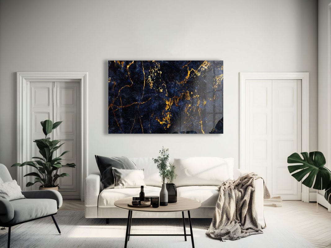 Artronauts Glass Print Golden & Navy Abstract