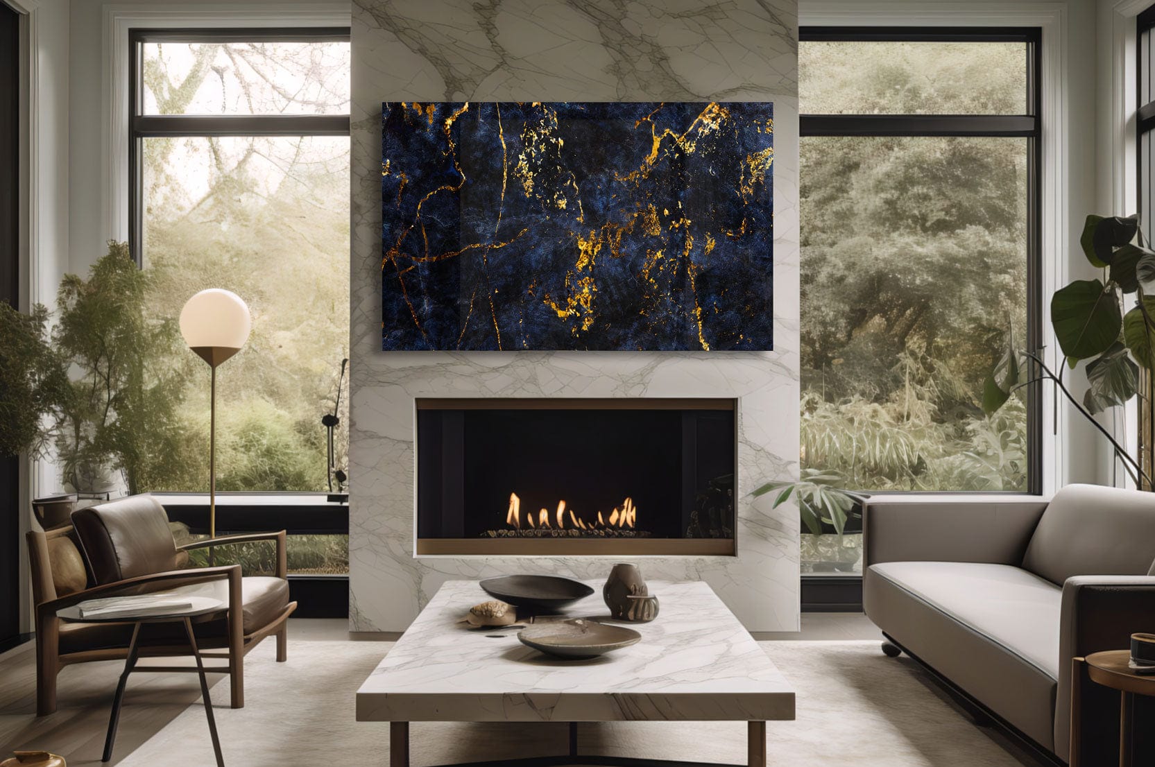 Artronauts Glass Print Golden & Navy Abstract